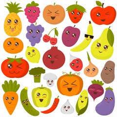 Cute vegetables and fruits vector illustration. Colorful flat style stickers.