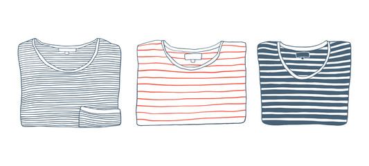  Set of cartoon folded striped t-shirts. Fashion hand drawn illustration  