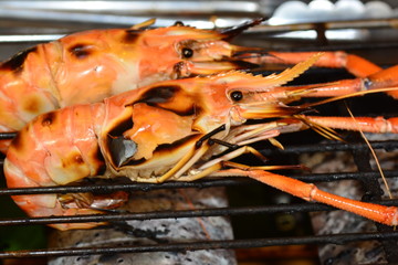 Selective focus of Grilled Shrimp on the grill