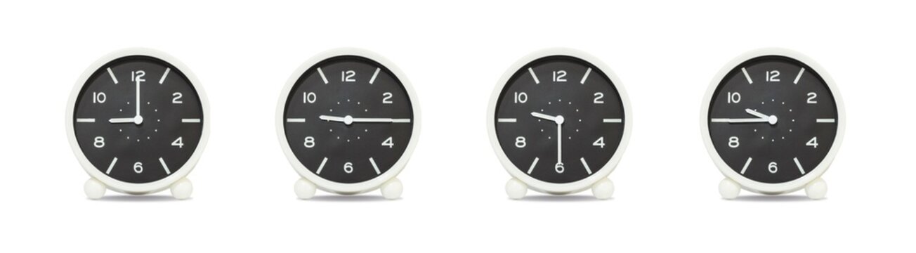 Closeup group of black and white clock with shadow for decorate show the time in 9 , 9:15 , 9:30 , 9:45 a.m. isolated on white background , beautiful 4 clock picture in different time