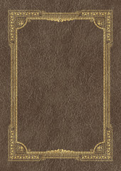 Template, background with a golden framework on piece of dark leather. A3 page proportions.