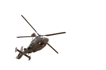 Tafelkleed Militaire helikopter tijdens de vlucht, geïsoleerd op wit © dechevm