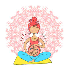 Pregnant tanned woman in lotus position against mandala backgrou
