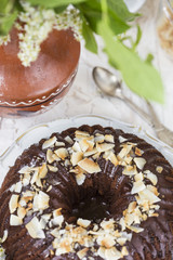 homemade yogurt cake with chocolate frosting