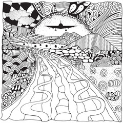 Long road and mountains. The airplane is flying above the clouds. Anti stress Coloring Book page for adult. Black and White vector illustration. zentangle art, doodle style.
