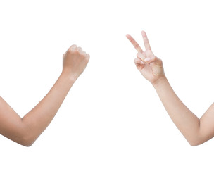The right back and front side hand of the woman show Rock Paper Scissors sign for find the winners fair in the game. show rock or hammer and scissors sign. isolated on white background.