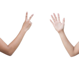 The right back and front side hand of the woman show Rock Paper Scissors sign for find the winners fair in the game. show paper and scissors sign. isolated on white background.