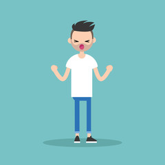 Young yelling furious bearded man with clenched fists  / flat editable vector illustration