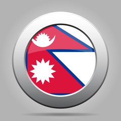 Obraz premium Flag of Nepal. Shiny metal gray round button.