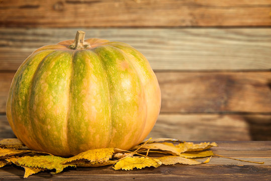 Pumpkin with autumn leaves on the wooden background
