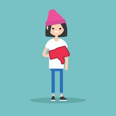 Dislike concept. Displeased teenage girl wearing foam finger / editable flat vector illustration