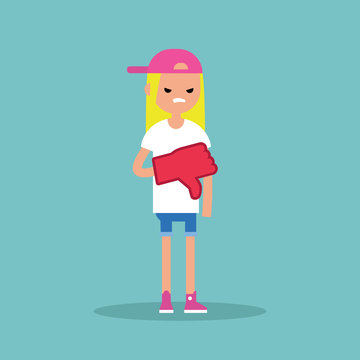 Dislike concept. Displeased blond teenage girl wearing foam finger / editable flat vector illustration