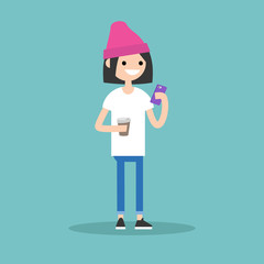 Young girl texting on her smartphone and holding a cup of take away coffee / flat editable vector illustration