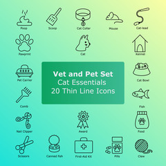 Simple linear cat essentials pictograms. Set of pet icons in trendy thin line style. Perfect symbols for web site design and mobile apps.