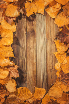 beautiful wooden background with autumn leaves
