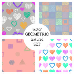 Set of seamless vector geometrical patterns with different geometric figures, forms. pastel endless background with hand drawn textured geometric figures. Graphic vector illustration