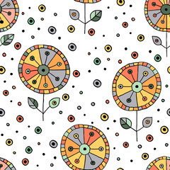 Fototapety  Seamless vector hand drawn doodle childlike floral pattern. Background with childish flowers, leaves. Decorative cute graphic line drawing illustration. Print for wrapping, background, fabric, decor