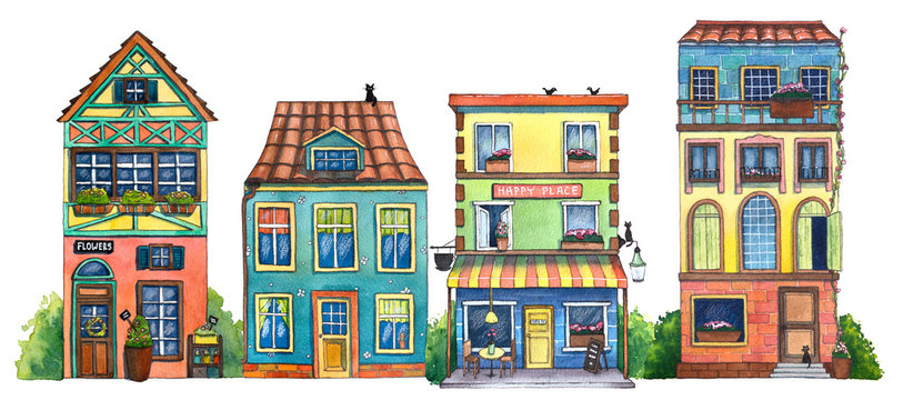 Watercolor street with cafe, houses, flowers shop, and cats. Hand drawn illustration.