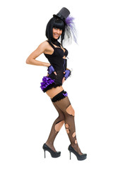 Attractive young woman alluring in sexy lingerie, full length portrait isolated over white.