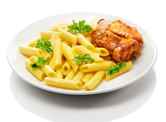 Cooked pasta and roasted chicken thigh on white plate