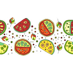 Seamless vector hand drawn childish pattern, border, with fruits. Cute childlike watermelon with leaves, seeds, drops. Doodle, sketch, cartoon style background. Line drawing Endless repeat swatch
