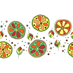 Seamless vector hand drawn childish pattern, border, with fruits. Cute childlike lime, lemon, orange, grapefruit with leaves, seeds, drops. Doodle, sketch, cartoon style background. Line drawing