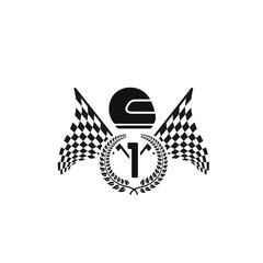 Fototapeta premium Icon of the winner of the race competition, flags and car helmet with laurel wreath