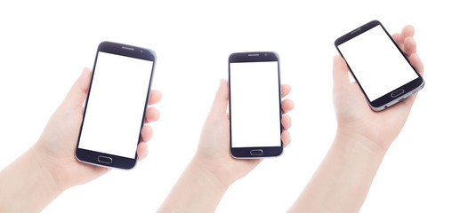 Obraz na płótnie Canvas Hand holding mobile phone (smartphone) with blank screen