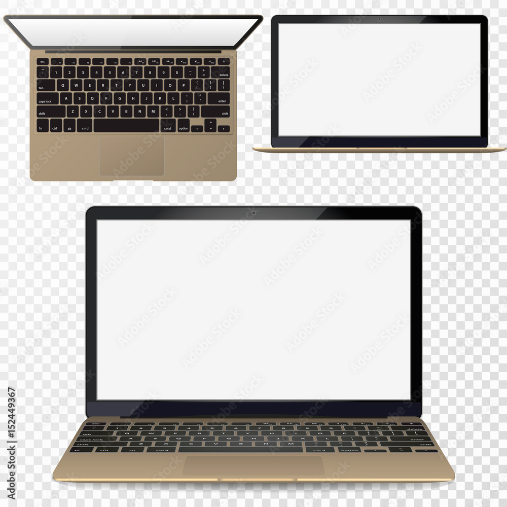Poster vector realistic gold laptop front and top view. set .with transparent shadow.