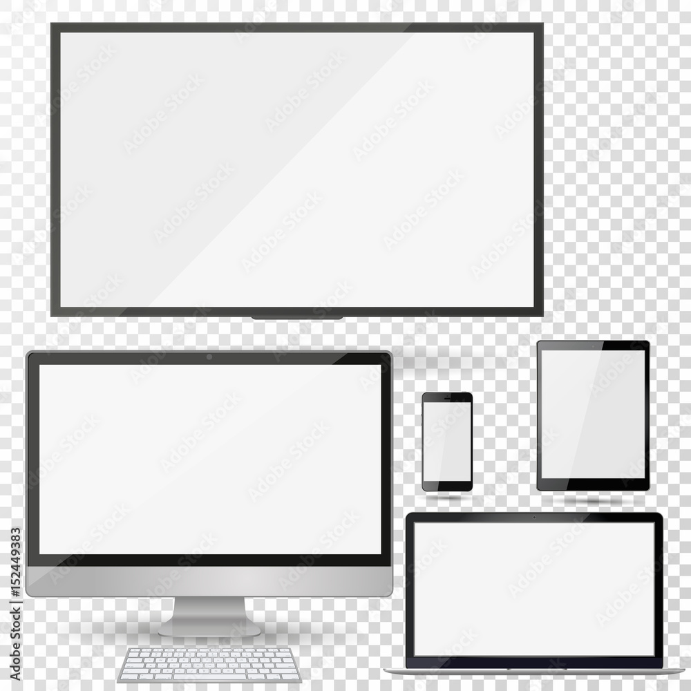 Poster set of realistic tv, lcd, led, computer monitor, laptop, tablet and mobile phone with empty white sc