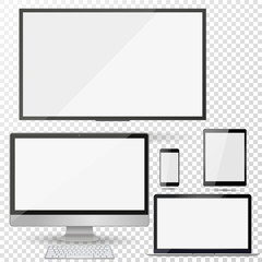 Set of realistic TV, lcd, led, computer monitor, laptop, tablet and mobile phone with empty white screen. Various modern electronic gadget on isolate background. Vector illustration EPS10