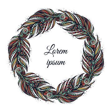 Feather Wreath. Hand Drawn Illustration In Boho Vintage Style Vector illustration.