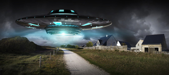 UFO invasion on planet earth landascape 3D rendering © sdecoret
