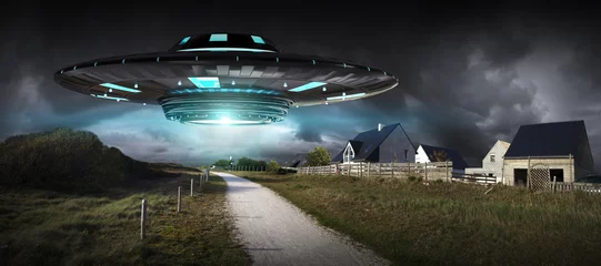 Keuken spatwand met foto UFO-invasie op planeet aarde landschap 3D-rendering © sdecoret