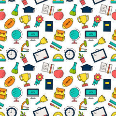 Seamless pattern with school items.  Vector illustration isolated on white background.
