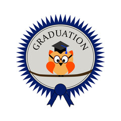 Graduation with an owl and on an award seal and text Graduation