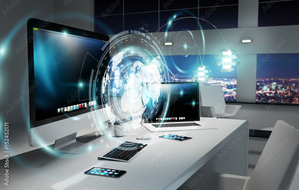 Aufkleber workplace with modern devices and hologram screens 3d rendering