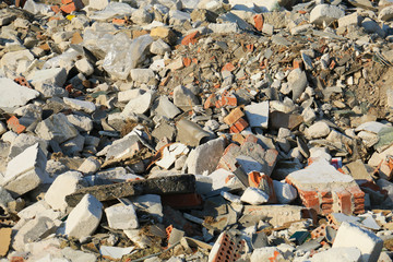 Pile of broken concrete blocks. Construction debris.