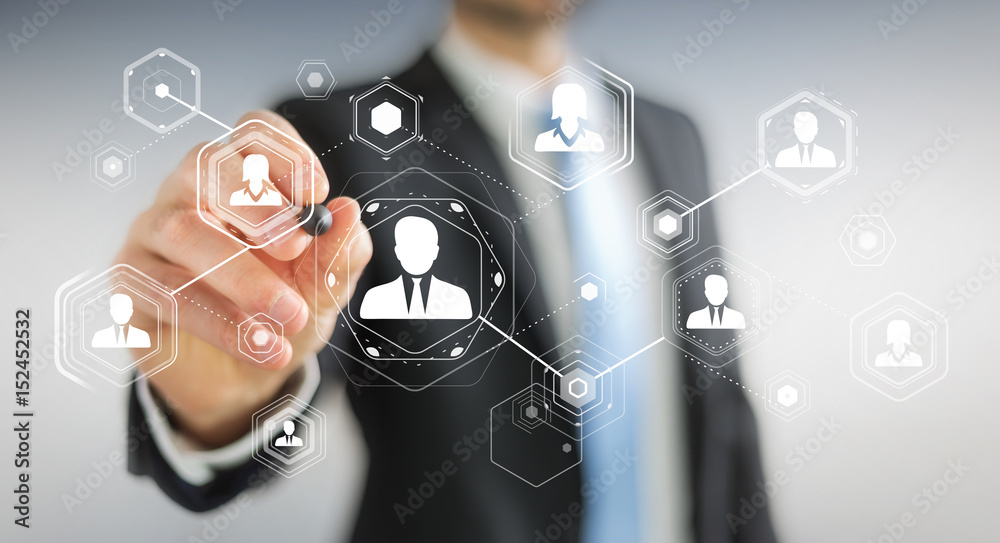 Poster businessman using digital social network 3d rendering