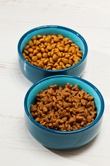 Two bowls with pet's meal on the floor