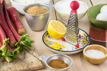 Ingredients for rhubarb upside down cake.