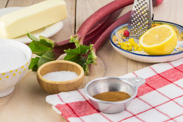 Ingredients for rhubarb upside down cake.
