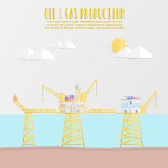 Oil industry Concept with oil and gas production platform, living quarter and helicopter in the sea for production refinery oil and petrol. vector illustration flat design paper cut style.