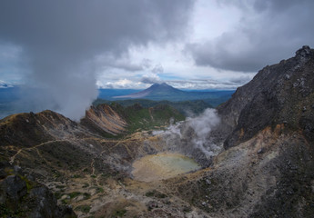 Caldera and Crater of Sibayak Stratovolcano and Sinabung Volcano at the far background, Northern Sumatra, Indonesia