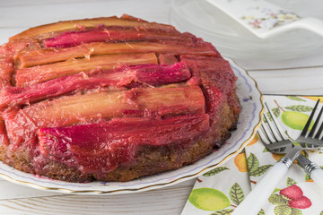 Homemade rhubarb upside down spice cake.