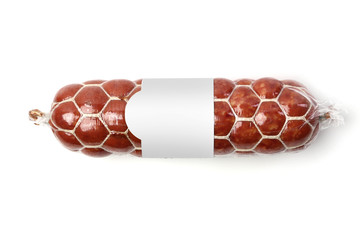 Sausage in vacuum packing. Sausage in vacuum packing with white label