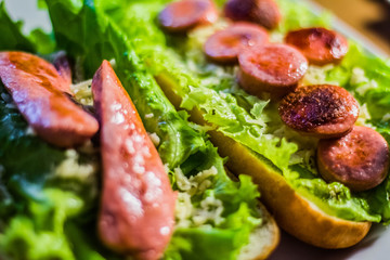 hot-dog with sausages and salad