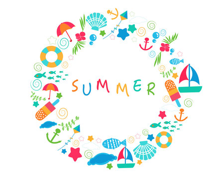 Summer time circle with colorful summer icon vector background