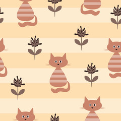 Abstract cats and silhouettes of flowers on a striped background. Cartoon seamless pattern.