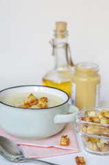 Bowl of vegetable soup. Cauliflower soup puree with croutons.